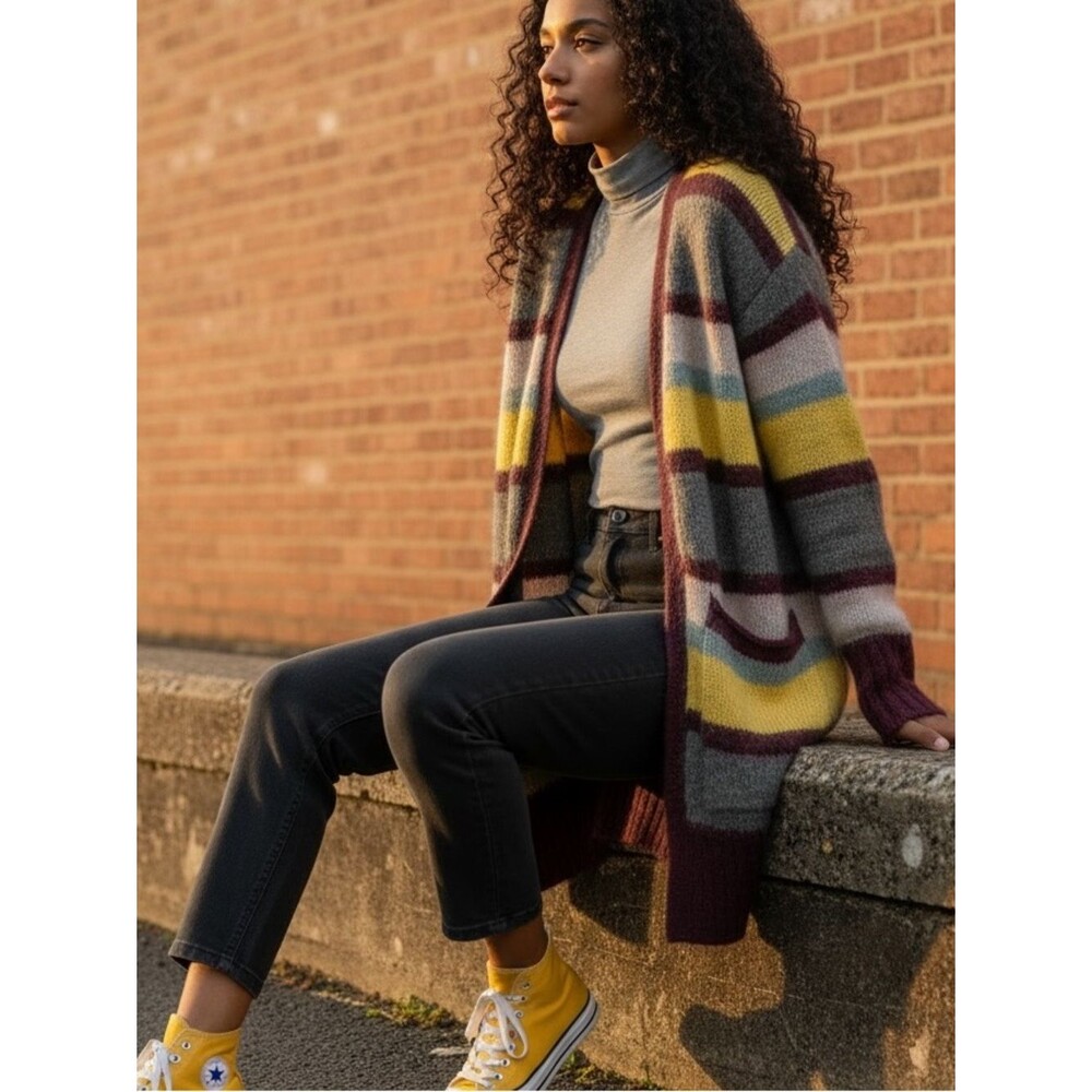 ZARA Striped Open-Front Cardigan in Maroon, Yellow, Gray & Cream VGUC. SIZE M